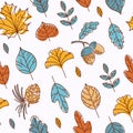 Bright modern autumn pattern. Colorful leaves. Maple, ginkgo biloba, linden, lilac, mountain ash. Acorn and cedar cone