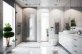 A bright modern bathroom with a large shower and a large mirror, 3D Rendering. Royalty Free Stock Photo