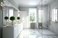 A bright modern bathroom with a large shower and a large mirror, 3D Rendering. Royalty Free Stock Photo