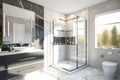 A bright modern bathroom with a large shower and a large mirror, 3D Rendering. Royalty Free Stock Photo