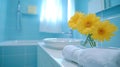 Bright, modern bathroom with yellow flowers Royalty Free Stock Photo