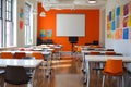 modern bright classroom interior with orange accent wall and colorful student artwork displayed on white walls Royalty Free Stock Photo
