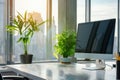 Bright, modern home office with large windows, sleek desk setup, ergonomic chair, and city view Royalty Free Stock Photo