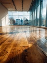 Bright, modern interior space with large floor-to-ceiling windows offering a panoramic view of an urban landscape, featuring Royalty Free Stock Photo