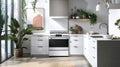 Bright modern kitchen interior with green plants and white cabinetry