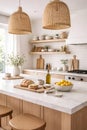 Bright Modern Kitchen with Marble Island, Natural Light and Neutral Decor Royalty Free Stock Photo