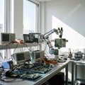 Sunlit High-Tech Lab: Robotic Arm with Microscope Inspecting a Circuit Board Royalty Free Stock Photo