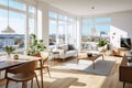 Bright and modern living room of an apartment decorated with Nordic style furniture. With large windows overlooking the city Royalty Free Stock Photo