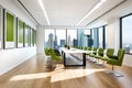 Bright modern office boardroom with vibrant green chairs, white walls and television Ai generated