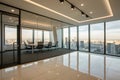 Bright modern office with city view, white floors, recessed lighting, light walls