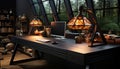 Bright, modern office with a comfortable desk and illuminated computer monitor generated by AI