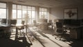 Bright modern office interior with large windows casting long shadows across desks and chairs during daytime Royalty Free Stock Photo