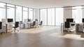 Bright Modern Office Interior with Rows of Desks Computers and Large Windows Showing City View Royalty Free Stock Photo