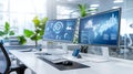 Bright Modern Office Setup with Dual Monitors Displaying Data Charts and Royalty Free Stock Photo