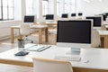 Bright and modern office space with computers and desks, ready for work ai generated Royalty Free Stock Photo