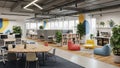Modern open-plan office interior with collaborative workspaces, beanbags, bookshelves, and plants Keywords: office Royalty Free Stock Photo