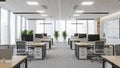 Bright modern open-plan office interior with rows of wooden desks computers ergonomic chairs and large windows Royalty Free Stock Photo