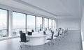 A bright modern panoramic meeting room in a modern office with New York city view.