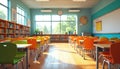 Bright modern school classroom interior. Empty room with rows of colorful chairs tables facing the front. Sunlight streams Royalty Free Stock Photo