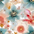 Bright moire seamless pattern with beautiful exotic flowers in muted pink and blue colors, close-up, intricate fabric textile,