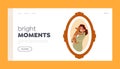 Bright Moments Landing Page Template. Photo in Oval Frame with Smiling Girl Hold Pet. Animal Lover Female Character