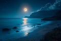 Bright moonlit night, captivating sea landscape, peaceful coastal scenery Royalty Free Stock Photo