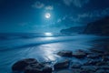 Bright moonlit night, captivating sea landscape, peaceful coastal scenery Royalty Free Stock Photo