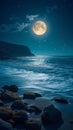 Bright moonlit night, captivating sea landscape, peaceful coastal scenery Royalty Free Stock Photo