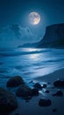 Bright moonlit night, captivating sea landscape, peaceful coastal scenery Royalty Free Stock Photo