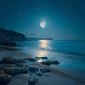 Bright moonlit night, captivating sea landscape, peaceful coastal scenery Royalty Free Stock Photo