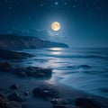 Bright moonlit night, captivating sea landscape, peaceful coastal scenery Royalty Free Stock Photo