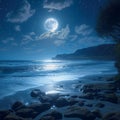 Bright moonlit night, captivating sea landscape, peaceful coastal scenery Royalty Free Stock Photo