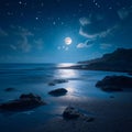 Bright moonlit night, captivating sea landscape, peaceful coastal scenery Royalty Free Stock Photo