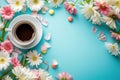 Bright Morning Coffee Surrounded by Colorful Gerbera Daisies on Blue Background. Royalty Free Stock Photo