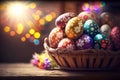 Wooden table with an Easter nest and colorful painted eggs in the light of the morning rays of the sun Royalty Free Stock Photo