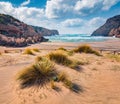 Bright morning view of Cala Domestica beach. Attractive summer scene of Sardinia, Italy, Europe. Royalty Free Stock Photo