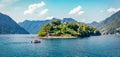 Bright morning view of Comocina island from the hiil of Ossuccio village, Province of Como, region Lombardy, Italy, Europe. Wonder Royalty Free Stock Photo