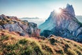 Bright morning view of Furchetta peak. Sunny summer scene of Funes Valley. Splendid landscape in Puez Odle National Park, Dolomiti Royalty Free Stock Photo