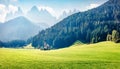 Bright morning view of San Giovanni Church in St. Magdalena village. Splendid summer scene of Funes Valley Villnob with Odle