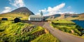 Bright morning view of Vidareidi Kirkja. Panoramic outdoor scene of Vidoy island. Attractive summer view of Faroe Islands, Kingdom Royalty Free Stock Photo