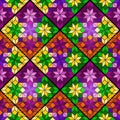 Bright mosaic seamless pattern of multicolored squares, rhombuses and triangles. Stained glass window Royalty Free Stock Photo