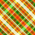 Bright motley checkered seamless pattern. Diagonal intersection of stripes, print in white, yellow, green and scarlet colors Royalty Free Stock Photo