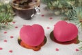 Bright pink mousse cakes Hearts with velor coating and cup of coffee for Valentine's Day Royalty Free Stock Photo