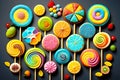 bright multi-colored confectionery with shapes of fruits on sticks in form of handmade lollipops