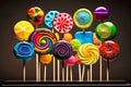 bright multi-colored confectionery with shapes of fruits on sticks in form of handmade lollipops