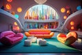 Bright, multi-colored futuristic design of a living room or lounge area in a nightclub with comfortable sofas, a table, walls