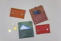 Bright multi-colored, green, red, orange and brown leather cases with plastic cards, keys and money coins on a gray background Royalty Free Stock Photo