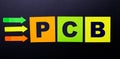 Bright multi-colored paper stickers on a black background with the text PCB Printed Circuit Board Royalty Free Stock Photo
