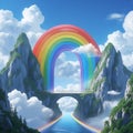 Rainbow bridge over a river between green mountains under a blue sky mist Royalty Free Stock Photo
