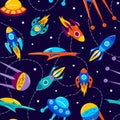 Bright multi-colored rockets in space, seamless pattern. Galaxy, dreams, universe. Space trip. Flight among planets and Royalty Free Stock Photo